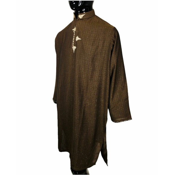 Vintage Traditional Embroidered Brown Metallic Thread Kurta Sherwani Large - Picture 3 of 6
